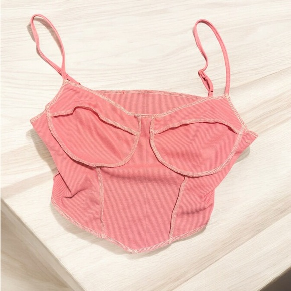 💗 Womens SZ Medium Pink Corset style Tank Top Ribbed Contrast Stitching 💗 - Picture 2 of 4